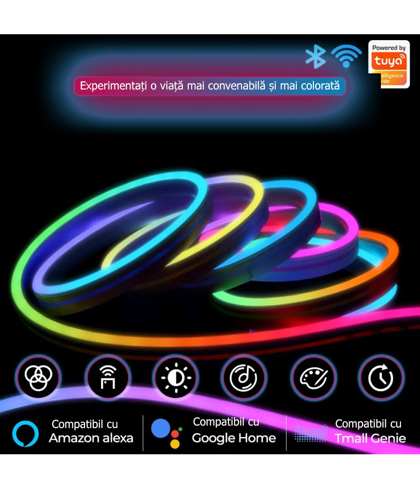 Banda LED Neon RGB inteligenta Tuya, Wi-Fi, sincronizare muzica, IP67, compatibil Alexa/Google Assistant, 5m @SmartWIZ Banda LED Neon RGB inteligenta Tuya, Wi-Fi, sincronizare muzica, IP67, compatibil Alexa/Google Assistant, 5m @SmartWIZ