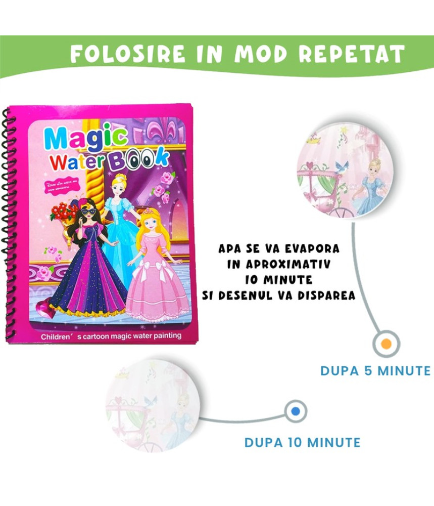 Carte de colorat cu apa Magic Book , Reutilizabila, plina de culori vibrante, Cele 3 printese Carte de colorat cu apa Magic Book , Reutilizabila, plina de culori vibrante, Cele 3 printese