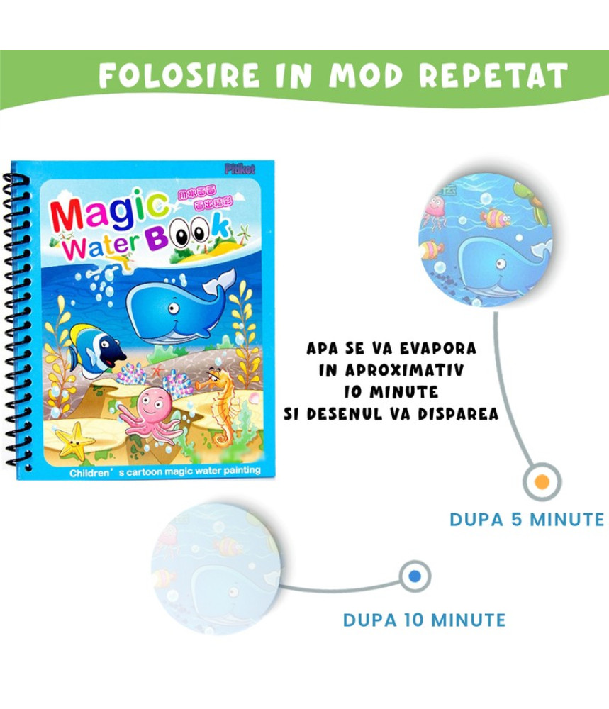 Carte de colorat cu apa Magic Book , Reutilizabila, plina de culori vibrante si animale subacvatice Carte de colorat cu apa Magic Book , Reutilizabila, plina de culori vibrante si animale subacvatice