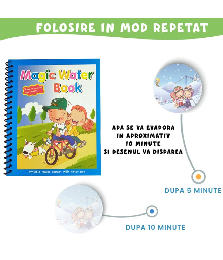 Carte de colorat cu apa , plina de culori vibrante, Bicicleta, Balon cu aer cald, Om de zapada Carte de colorat cu apa , plina de culori vibrante, Bicicleta, Balon cu aer cald, Om de zapada