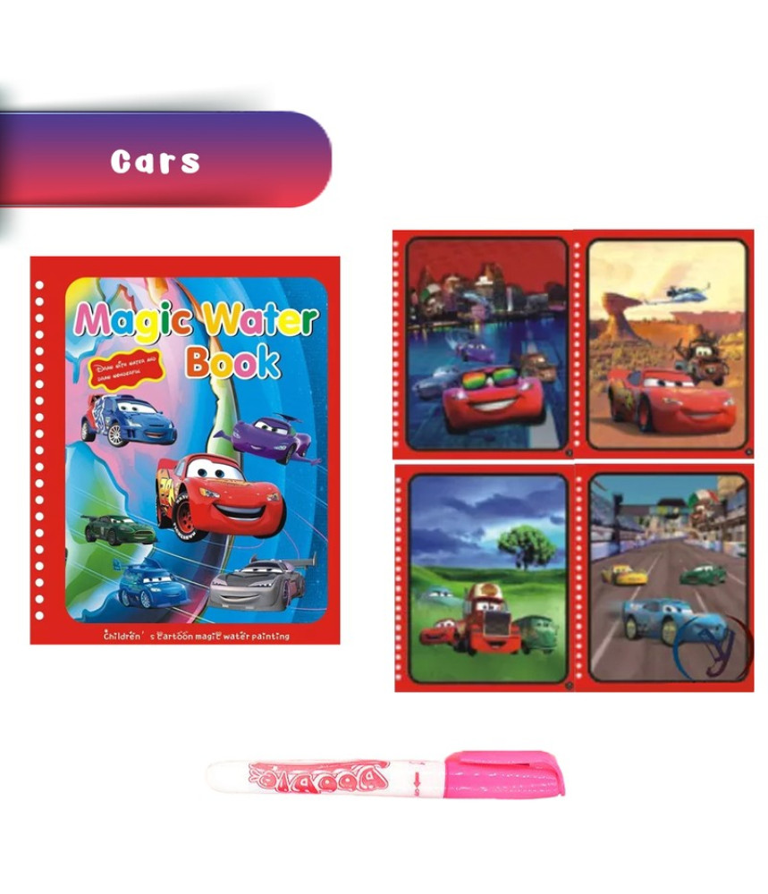 Carte de colorat cu apa Magic Book, Reutilizabila, plina de culori vibrante,Cars