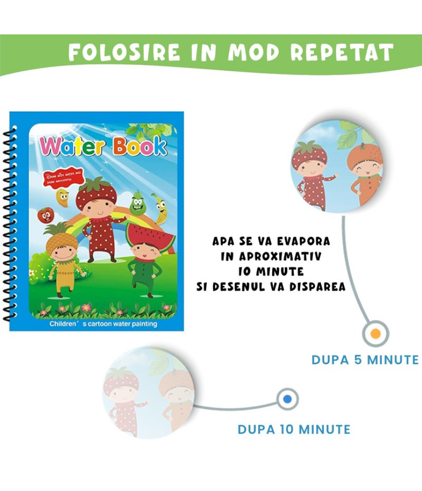 Carte de colorat cu apa Magic Book , Reutilizabila, plina de culori vibrante, Copii si fructe Carte de colorat cu apa Magic Book , Reutilizabila, plina de culori vibrante, Copii si fructe