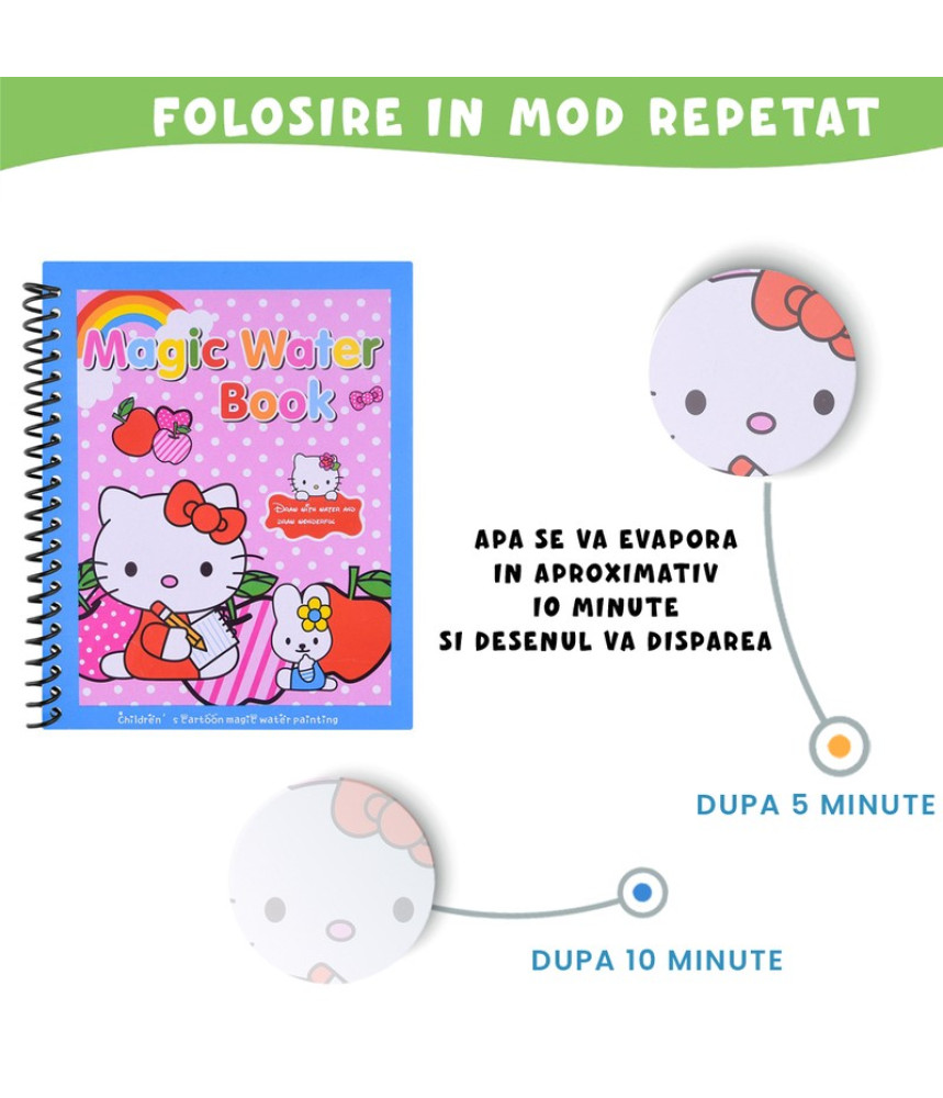 Carte de colorat cu apa Magic Book , Reutilizabila, plina de culori vibrante, Hello Kitty Carte de colorat cu apa Magic Book , Reutilizabila, plina de culori vibrante, Hello Kitty