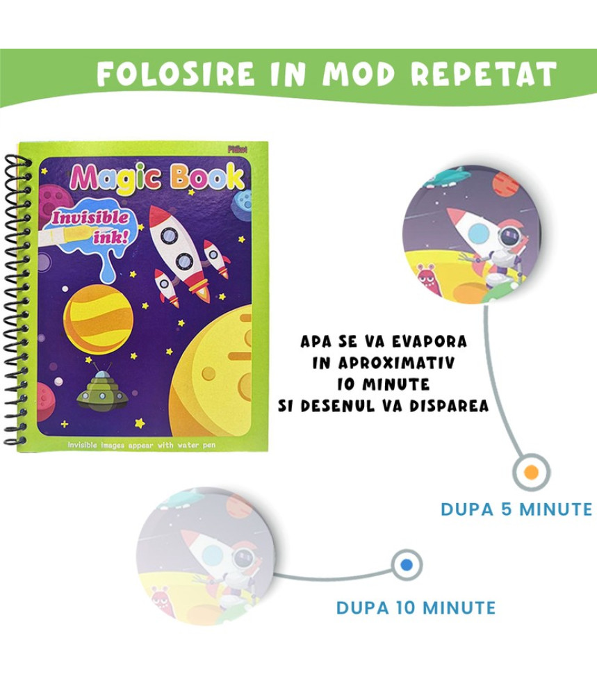 Carte de colorat cu apa Magic Book, Reutilizabila, Racheta si elemente spatiale Carte de colorat cu apa Magic Book, Reutilizabila, Racheta si elemente spatiale