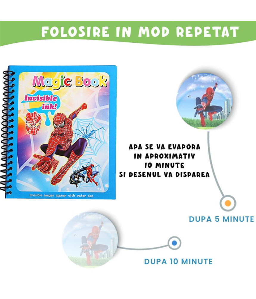 Carte de colorat cu apa Magic Book, Reutilizabila, plina de culori vibrante, Spiderman Carte de colorat cu apa Magic Book, Reutilizabila, plina de culori vibrante, Spiderman