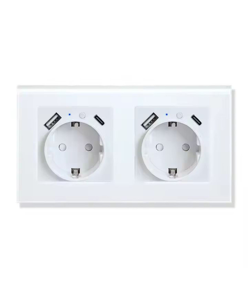 Priza dubla inteligenta de perete16A USB Type-C, Wi-Fi, Rama din sticla, Monitorizare consum, 16A, Smart Life / Tuya APP, Alb @SmartWiz Priza dubla inteligenta de perete16A USB Type-C, Wi-Fi, Rama din sticla, Monitorizare consum, 16A, Smart Life / Tuya APP, Alb @SmartWiz