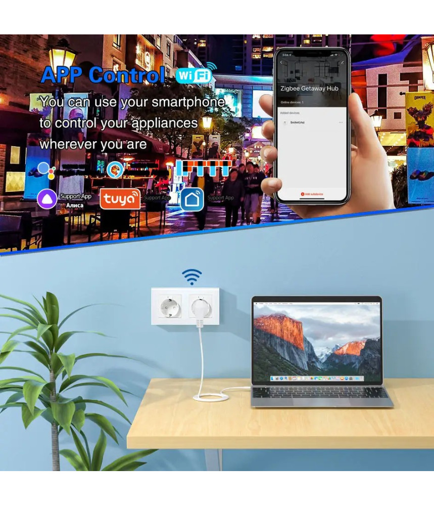 Priza dubla inteligenta de perete16A USB Type-C, Wi-Fi, Rama din sticla, Monitorizare consum, 16A, Smart Life / Tuya APP, Alb @SmartWiz Priza dubla inteligenta de perete16A USB Type-C, Wi-Fi, Rama din sticla, Monitorizare consum, 16A, Smart Life / Tuya APP, Alb @SmartWiz