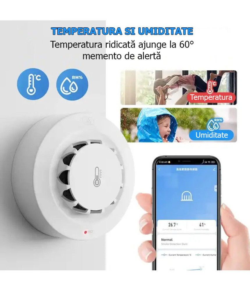 Detector inteligent de fum, temperatura si umiditate, higrometru, WiFi,, compatibil cu aplicatiile TuyaSmart si SmartLife, @SmartWiz Detector inteligent de fum, temperatura si umiditate, higrometru, WiFi,, compatibil cu aplicatiile TuyaSmart si SmartLife, @SmartWiz