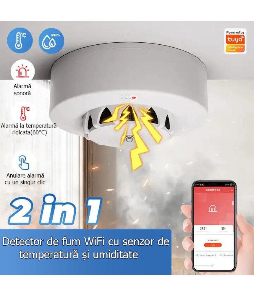 Detector inteligent de fum, temperatura si umiditate, higrometru, WiFi,, compatibil cu aplicatiile TuyaSmart si SmartLife, @SmartWiz Detector inteligent de fum, temperatura si umiditate, higrometru, WiFi,, compatibil cu aplicatiile TuyaSmart si SmartLife, @SmartWiz