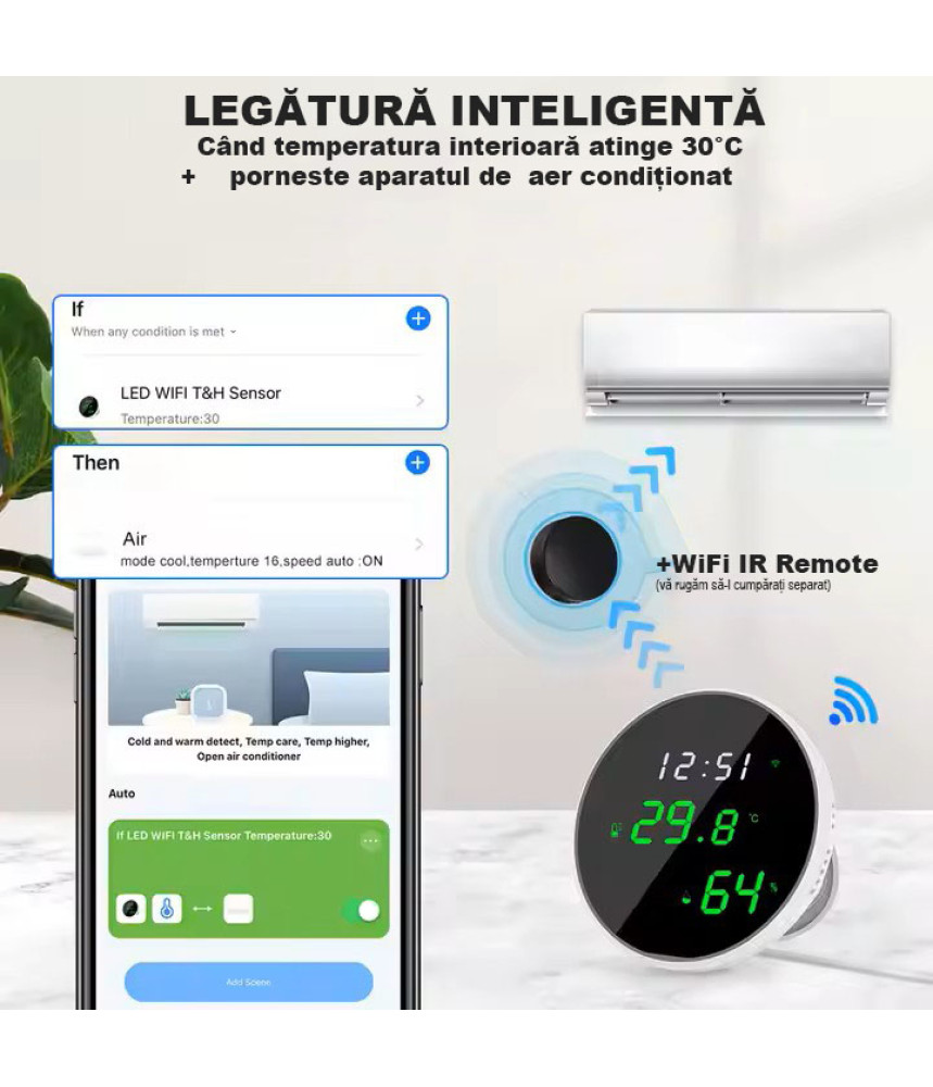 Senzor de umiditate si temperatura, Tuya wi-fi Smart Life Alexa Google Home Wifi, Ecran oglinda LED, Hygrometeru, Termometru @Smartwiz Senzor de umiditate si temperatura, Tuya wi-fi Smart Life Alexa Google Home Wifi, Ecran oglinda LED, Hygrometeru, Termometru @Smartwiz