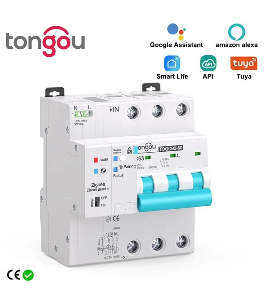 Siguranta Automata Inteligenta ZigBee, Monitorizare Curent, MCB, Tuya/Smartlife, 3P Poli, 2P+N, Trifazat, 63A, Compatibila Google Home si Alexa @SmatWiz Siguranta Automata Inteligenta ZigBee, Monitorizare Curent, MCB, Tuya/Smartlife, 3P Poli, 2P+N, Trifazat, 63A, Compatibila Google Home si Alexa @SmatWiz