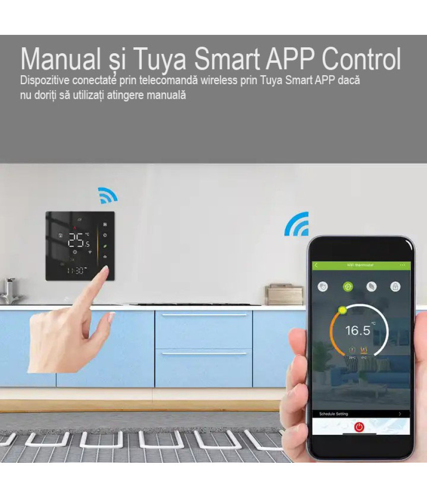 Termostat Inteligent Negru, Centrala, Smart, WIFI, 3-16A, Control prin Aplicatia Tuya, Wireless, Prindere in Doza de Perete, Control Vocal Google Home, Alexa @SmartWiz Termostat Inteligent Negru, Centrala, Smart, WIFI, 3-16A, Control prin Aplicatia Tuya, Wireless, Prindere in Doza de Perete, Control Vocal Google Home, Alexa @SmartWiz