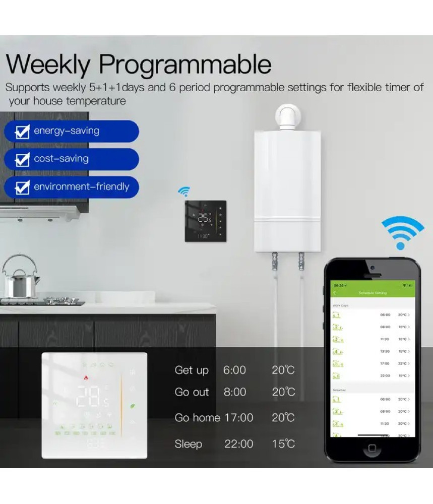 Termostat Inteligent Negru, Centrala, Smart, WIFI, 3-16A, Control prin Aplicatia Tuya, Wireless, Prindere in Doza de Perete, Control Vocal Google Home, Alexa @SmartWiz Termostat Inteligent Negru, Centrala, Smart, WIFI, 3-16A, Control prin Aplicatia Tuya, Wireless, Prindere in Doza de Perete, Control Vocal Google Home, Alexa @SmartWiz