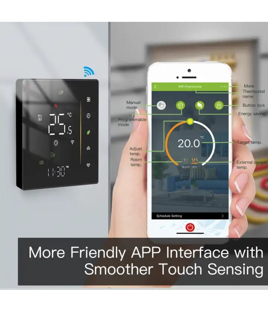 Termostat Inteligent Negru, Centrala, Smart, WIFI, 3-16A, Control prin Aplicatia Tuya, Wireless, Prindere in Doza de Perete, Control Vocal Google Home, Alexa @SmartWiz Termostat Inteligent Negru, Centrala, Smart, WIFI, 3-16A, Control prin Aplicatia Tuya, Wireless, Prindere in Doza de Perete, Control Vocal Google Home, Alexa @SmartWiz