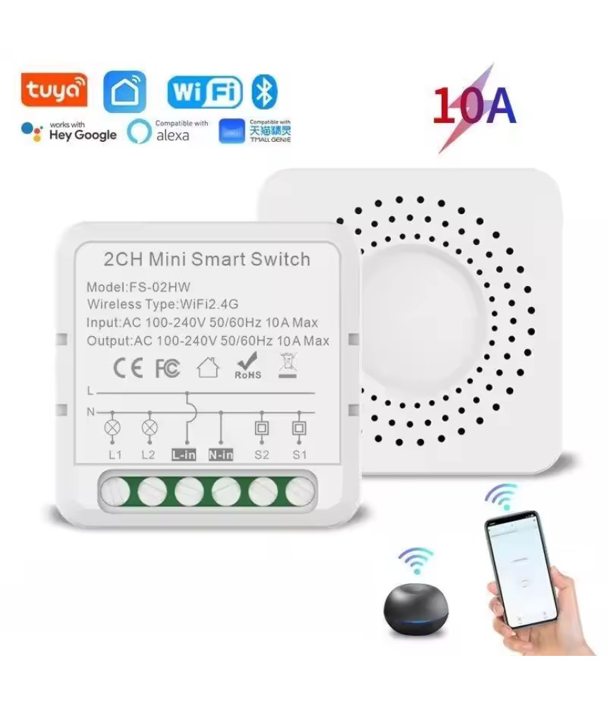 Mini Releu 2 Canale inteligent Wi-Fi, programabil, Compatibil cu app Tuya, Smart Life, Control vocal, Alexa, Amazon, Google Home, 10A @SmartWiz Mini Releu 2 Canale inteligent Wi-Fi, programabil, Compatibil cu app Tuya, Smart Life, Control vocal, Alexa, Amazon, Google Home, 10A @SmartWiz