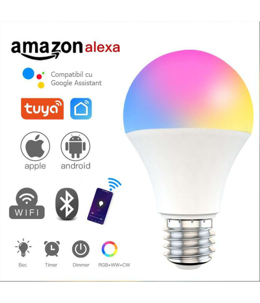 Bec Inteligent LED RGB+WW inteligent Smart A67, Wi-Fi, Tuya/Smartlife, E27, 9W (100W), 806 lm, lumina alba si colorata (2200-6500K), @SmartWiz Bec Inteligent LED RGB+WW inteligent Smart A67, Wi-Fi, Tuya/Smartlife, E27, 9W (100W), 806 lm, lumina alba si colorata (2200-6500K), @SmartWiz