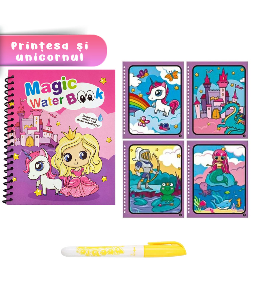 Carte de colorat cu apa Magic Book , Reutilizabila, plina de culori vibrante, Printesa si Unicornul Carte de colorat cu apa Magic Book , Reutilizabila, plina de culori vibrante, Printesa si Unicornul