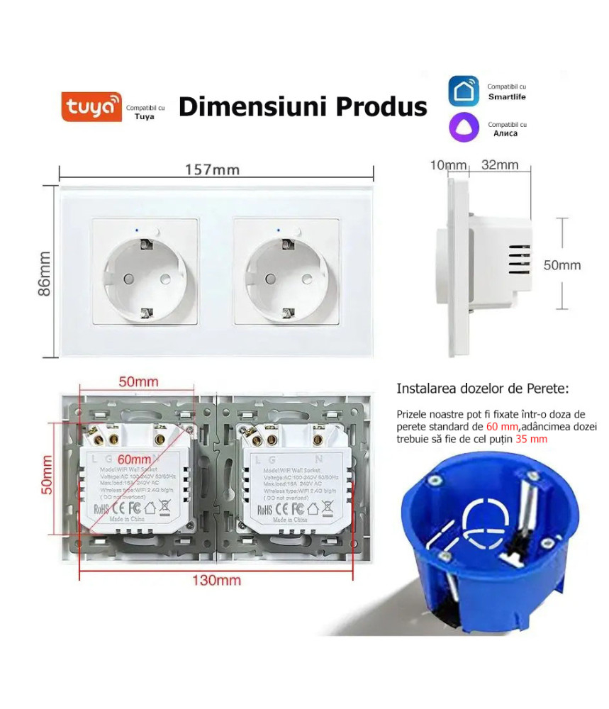 Priza dubla inteligenta de perete16A USB Type-C, Wi-Fi, Rama din sticla, Monitorizare consum, 16A, Smart Life / Tuya APP, Alb @SmartWiz Priza dubla inteligenta de perete16A USB Type-C, Wi-Fi, Rama din sticla, Monitorizare consum, 16A, Smart Life / Tuya APP, Alb @SmartWiz