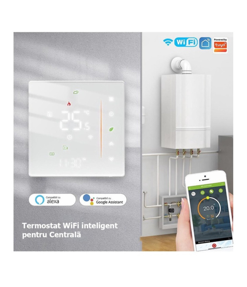 Termostat Inteligent Alb, Centrala, Smart, WIFI, 3-16A, Control prin Aplicatia Tuya, Wireless, Prindere in Doza de Perete, Control Vocal Google Home, Alexa @SmartWiz Termostat Inteligent Alb, Centrala, Smart, WIFI, 3-16A, Control prin Aplicatia Tuya, Wireless, Prindere in Doza de Perete, Control Vocal Google Home, Alexa @SmartWiz